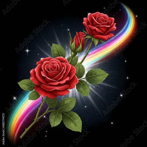 Vibrant Red Roses with Rainbow and Stars