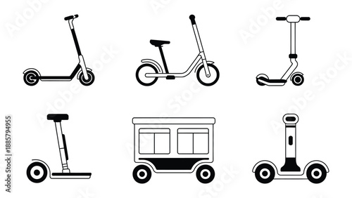 Modern Transportation Designs: A collection of various scooter styles and an unusual transportation object, presented with a minimalistic design.