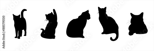 Set of silhouettes of black cats animal stickers design vector illustration for Halloween decoration, pet lovers, feline art, spooky or cute theme