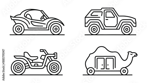 Transportation Icons: An engaging collection of line art icons features a convertible, a sport utility vehicle(SUV), an all-terrain vehicle(ATV).