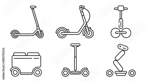 Urban Mobility Designs: A collection of various scooter designs in a minimalist style, presenting a range of electric personal transport options for modern city life.