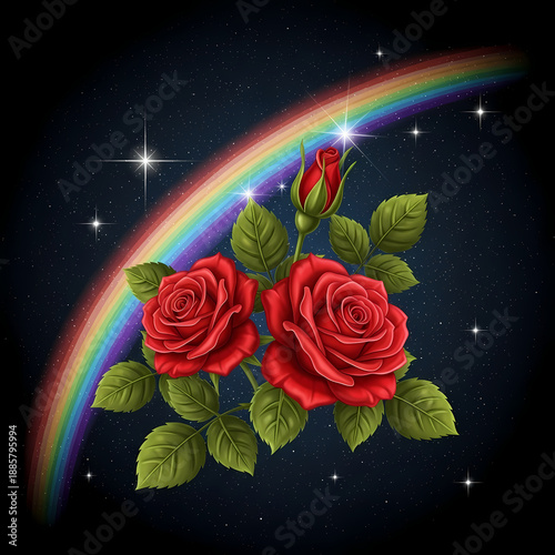 Vibrant Red Roses with Rainbow and Stars