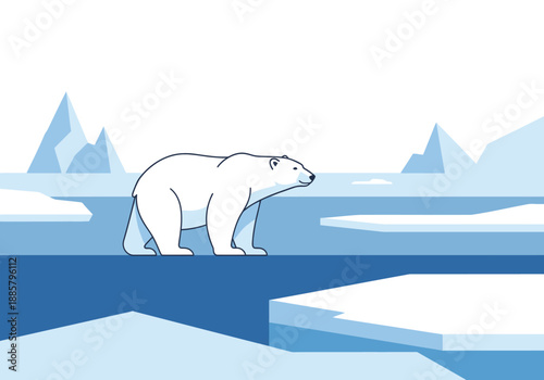 Polar bear standing on ice floe in arctic landscape illustration from a distance