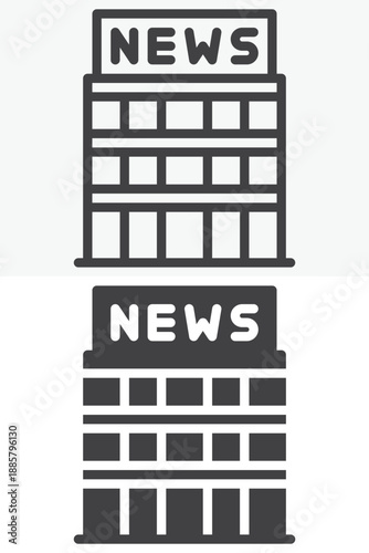 Media office building with news sign icon set in line, outline and solid style. Editable stroke vector sign and symbol for newsroom news icon and journalism icon.