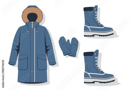 Winter clothing ensemble featuring coat, boots, and gloves in blue illustration