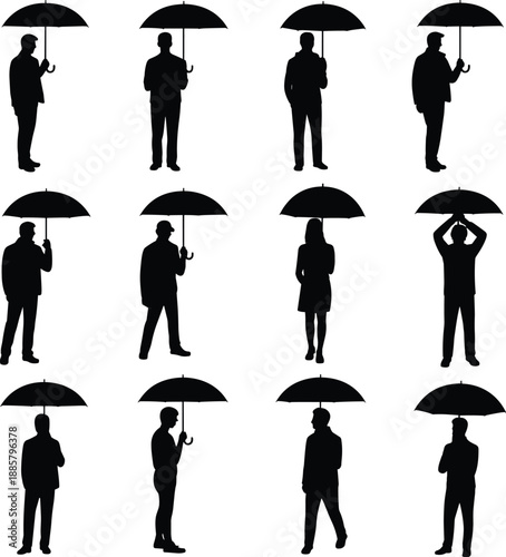 Set of business people silhouettes holding umbrellas in rain, isolated black human figures collection, weather protection concept, teamwork diversity, urban lifestyle illustration on white background