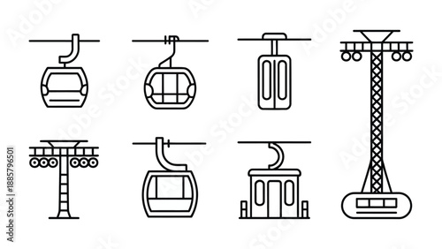 Cable Car Icons: A collection of various stylized cable car icons in a clean, minimalist design, ready for use in travel, transport, and tourism related projects. 