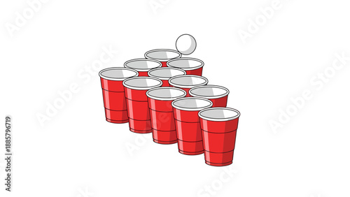 Beer Pong Game Setup Vector Illustration with Red Cups and Ball for Party and Celebration