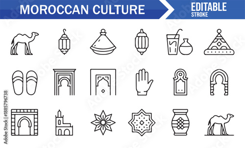Moroccan architecture and craft outline icons collection