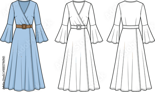 Wrap maxi dress technical flat sketch, front back views, belted flare sleeves, sewing pattern fashion illustration vector isolated design template