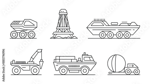Line Art Vehicles and Structures: A collection of meticulously crafted line art illustrations showcasing various vehicles and architectural structures.