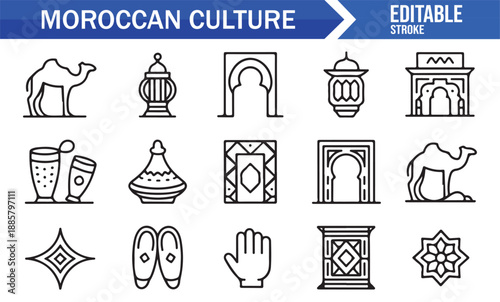 Moroccan cultural symbols and architecture outline icons