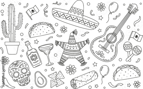 Mexican fiesta doodle illustration with sombrero guitar tacos skull maracas tequila cactus festive hand drawn vector celebration elements