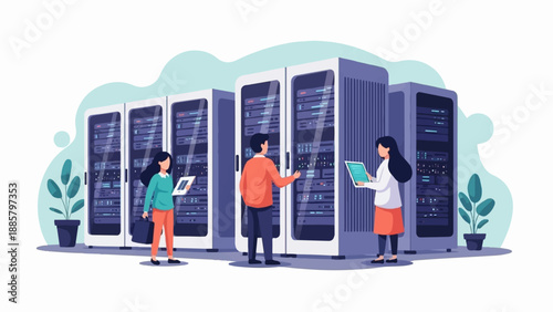 IT professionals in a server room, working on equipment