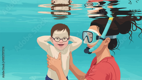 Joyful child and diver experience underwater fun together
