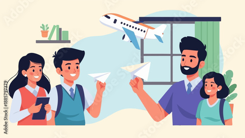 Joyful children and adult launch paper airplanes towards a model airplane