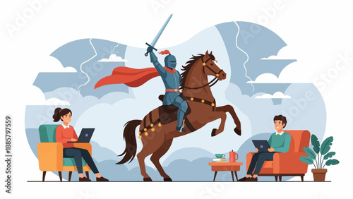 Knight on horseback with people working on laptops in comfortable chairs