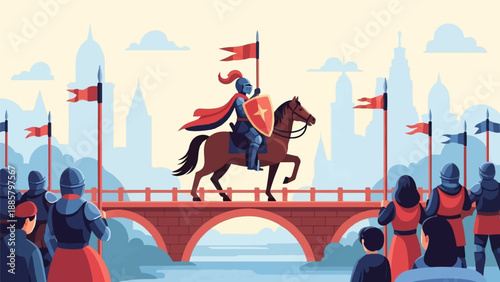 Knight on horseback rides across a bridge with flags and soldiers