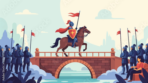 Knight on horseback leads soldiers across a bridge over water, with civilians present