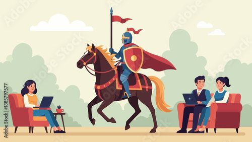 Knight on horseback rides past people working on laptops indoors