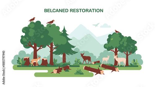Illustration of a forest ecosystem with animals and trees, featuring a fallen log, against a mountainous background with a serene mood.