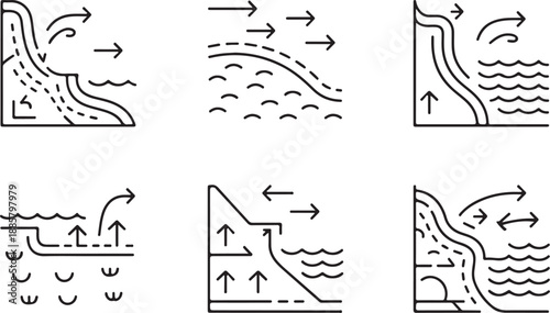 Coastal Geography and Ocean Current Line Art Icon, Environmental Science