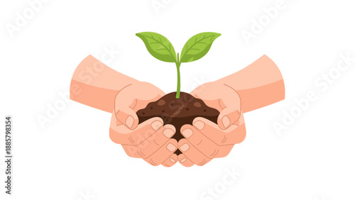 Illustration of two hands cradling soil with a small green plant sprouting from it against a clean white background.