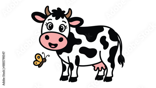Cheerful Dairy Cow: A cheerful dairy cow with black and white spots, horns, and a cute pink nose, cheerfully interacts with a tiny butterfly against a plain backdrop.