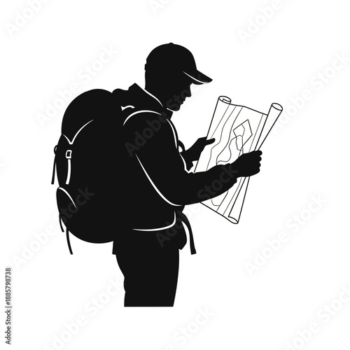 Hiker Examining Topographic Map Silhouette.