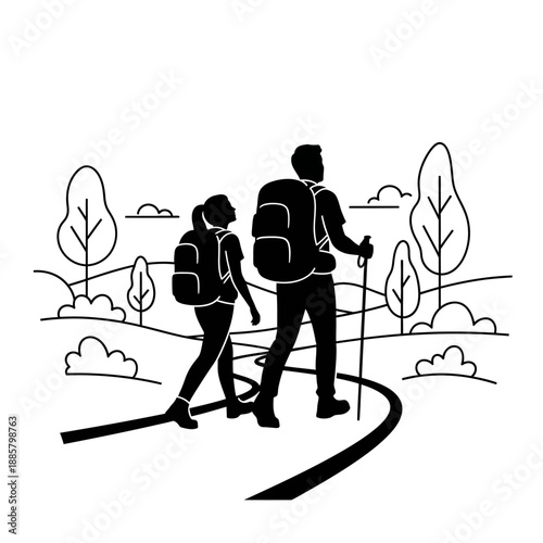 Couple Hiking Together with Backpacks.