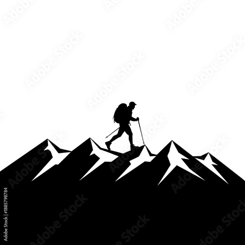 Hiker with backpack trekking on mountain peaks.