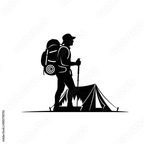 Hiker Silhouette with Backpack and Tent.