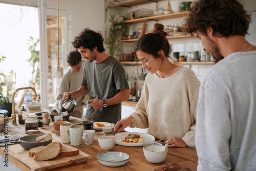 Young adults prepare breakfast in a minimalist kitchen. One pours coffee while others slice fruit and serve food. They enjoy the moment in their shared space with simple plates
