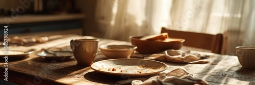 The table shows two empty cups and a plate with crumbs. There is also a stack of bread on a plate in a kitchen with morning light shining through the window, banner