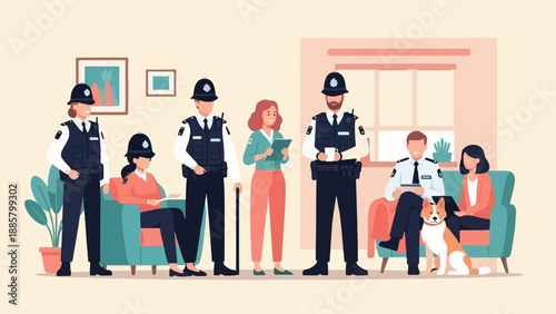 Law enforcement officers and civilians interacting in a domestic setting