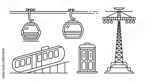 Geometric Transport: A collection of precise line illustrations showcase the diverse facets of modern transit. A minimalist design aesthetic meets with transportation.