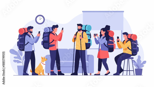 Group of hikers with backpacks, phones, and a dog