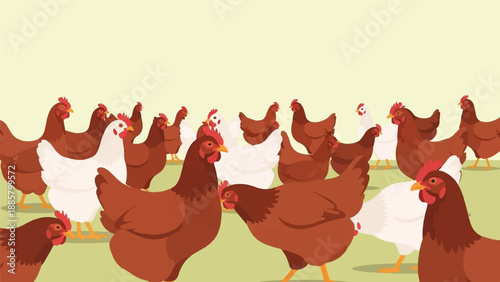 Group of farm chickens, brown and white, on green grass under pale yellow sky