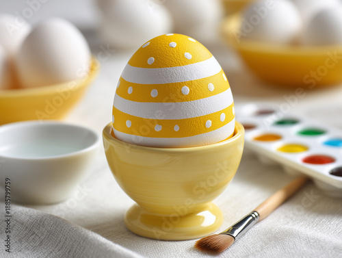 Hand-Painted Yellow Easter Egg in Ceramic Egg Cup with Paintbrush and Watercolors