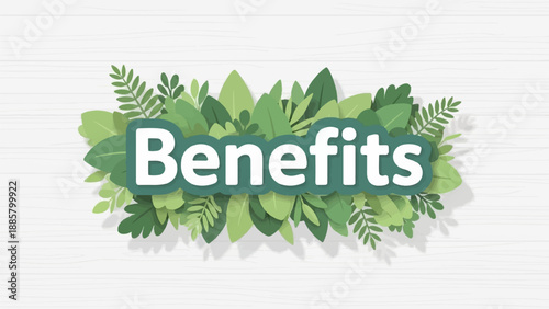 Green leaves frame the white text "Benefits" on a light wooden surface