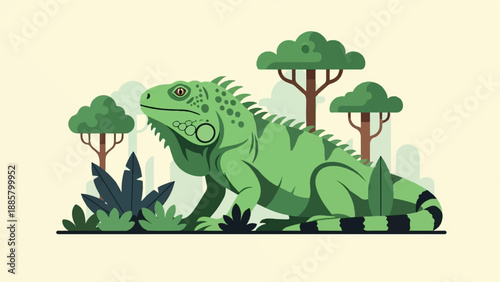 Green iguana with spiky back rests in tropical foliage near trees