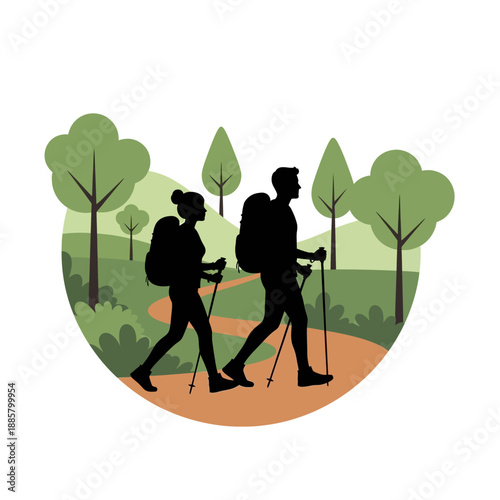 Two People Hiking with Backpacks and Trekking Poles.