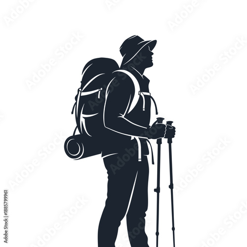 Hiker with Backpack and Trekking Poles.