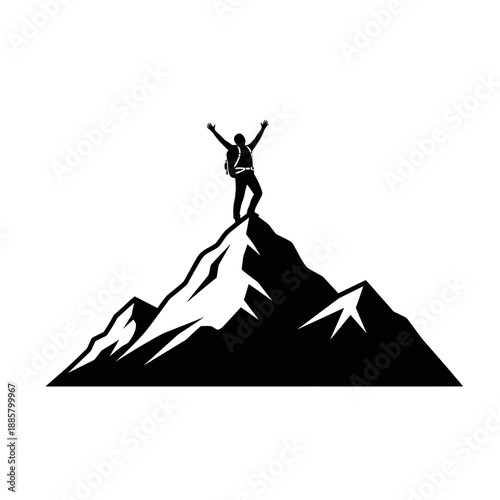 Man Standing on Mountain Peak with Arms Raised.