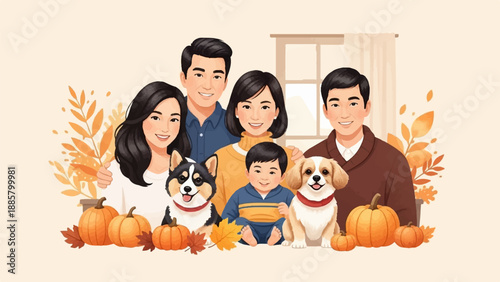 Happy family portrait with dogs and autumn harvest