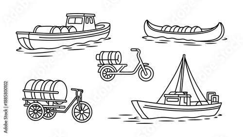 Diverse Transports Collection: A set of various transport modes, each uniquely designed to carry its load, illustrates the diversity of transportation.