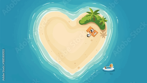 Heart-shaped island paradise with two pandas sunbathing and a floatie in the ocean