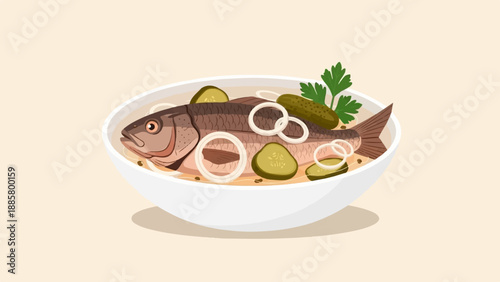 Hearty fish soup with pickles, onions, and fresh parsley garnish