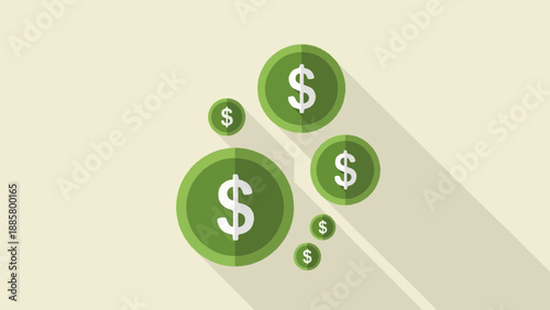 Green circular icons with dollar signs scattered on a light background