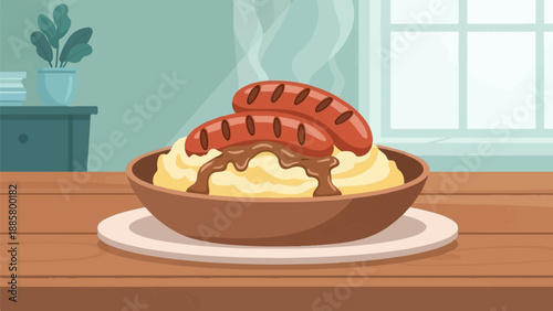 Hearty meal of mashed potatoes with sausages and gravy on a wooden table